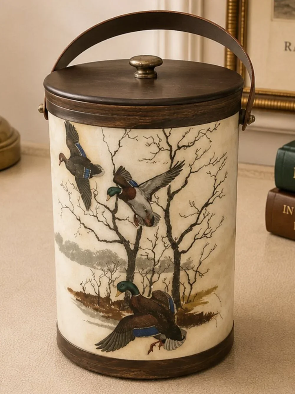 Vintage Mallard Duck Ice Bucket With Detailed Wildlife and Leather Swing Handle